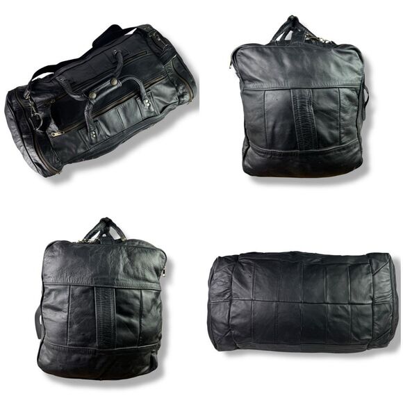 Vintage 80s 90s Y2K Duffel Travel Overnight Bag Weekender Black Leather Denim - Picture 5 of 11